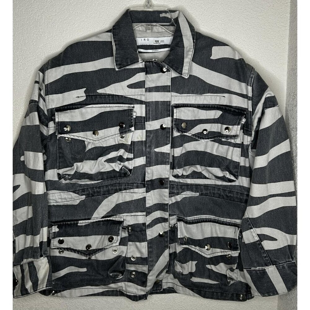 IRO Jacket Womens 38 Black White Zebra Print Utility Cargo Pockets Denim